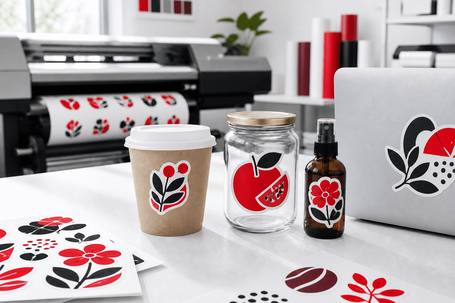ສະຕິກເກີສີແດງແລະດຳເທິງຈອກ, ກະປຸກ, ຂວດ ແລະ ແລັບທັອບໃນສະຕູດິໂອພິມ